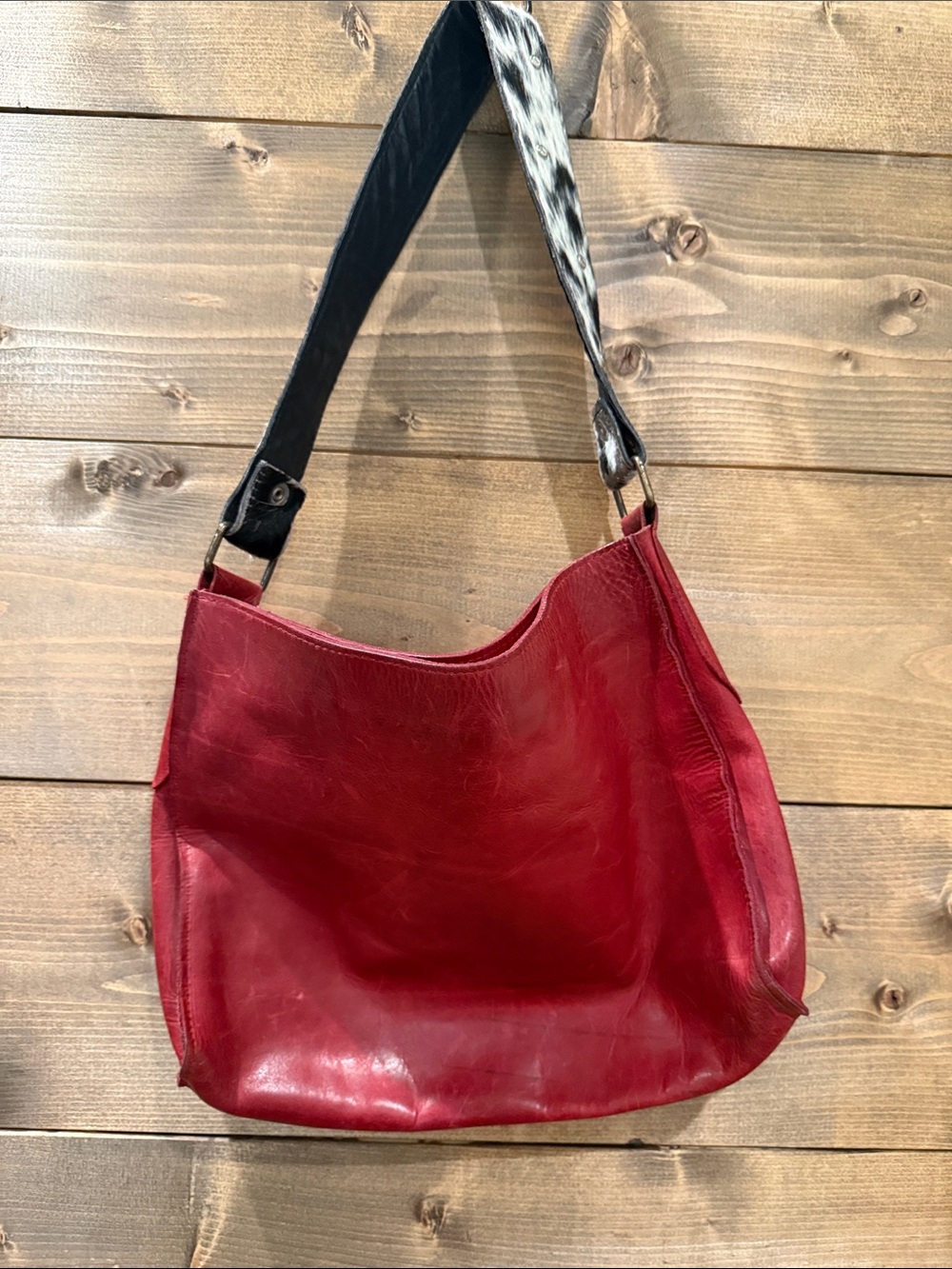 Two Bar West Red Leather Shoulder Bag with Black and White Cowhide Strap